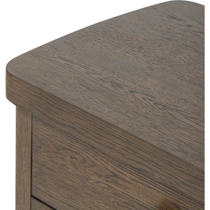 Valen Nightstand by Four Hands in rustic brown oak veneer, rustic brown oak solid. Made from oak veneer, solid oak in a traditional style.