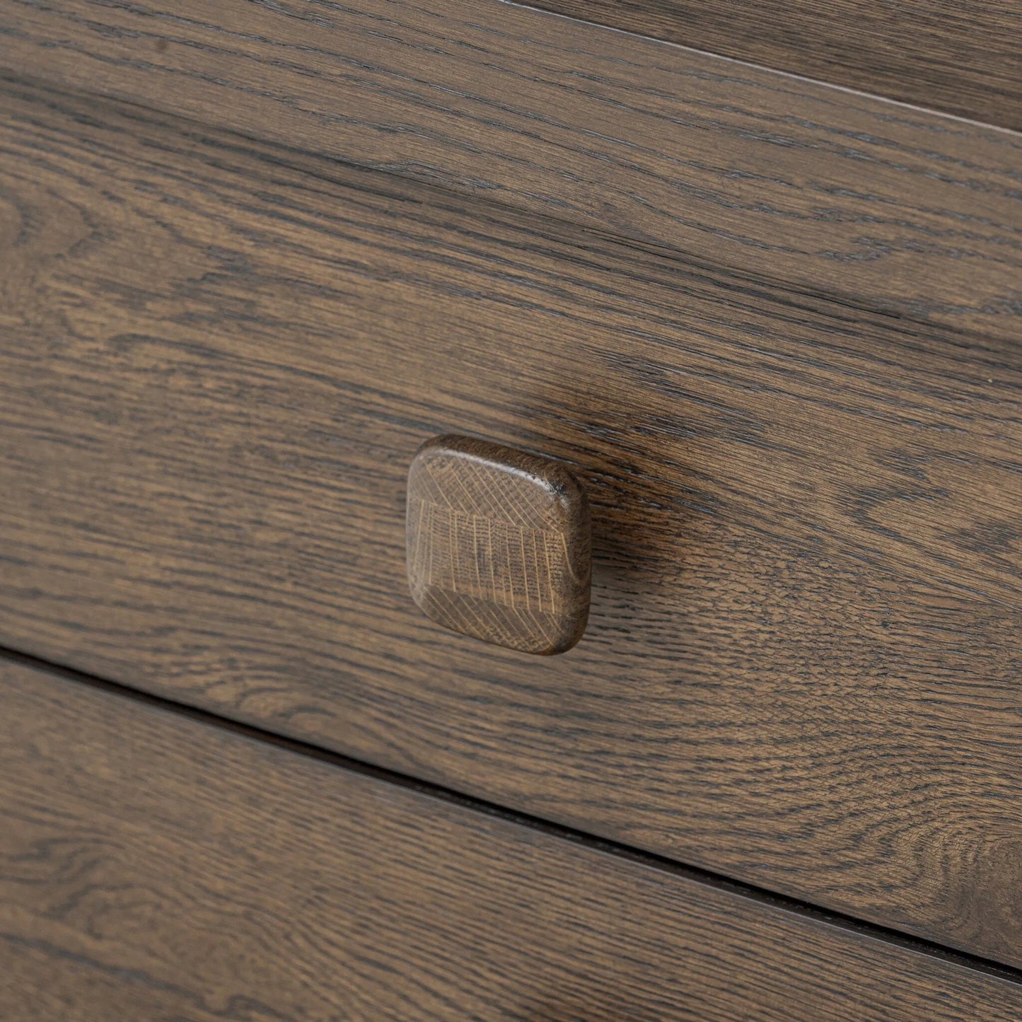 010 SI-2513338 | Closeup | Valen Nightstand by Four Hands in rustic brown oak veneer, rustic brown oak solid. Made from oak veneer, solid oak in a traditional style.