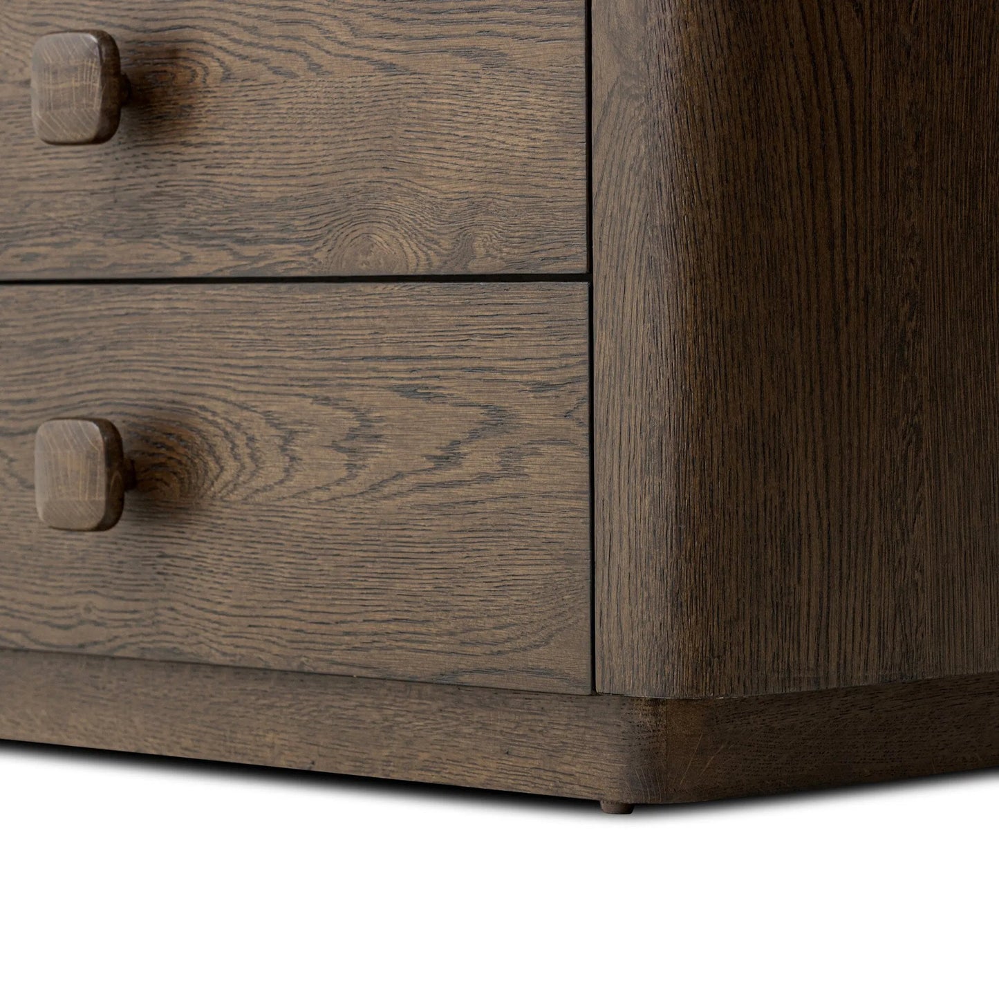 011 SI-2513338 | Closeup | Valen Nightstand by Four Hands in rustic brown oak veneer, rustic brown oak solid. Made from oak veneer, solid oak in a traditional style.