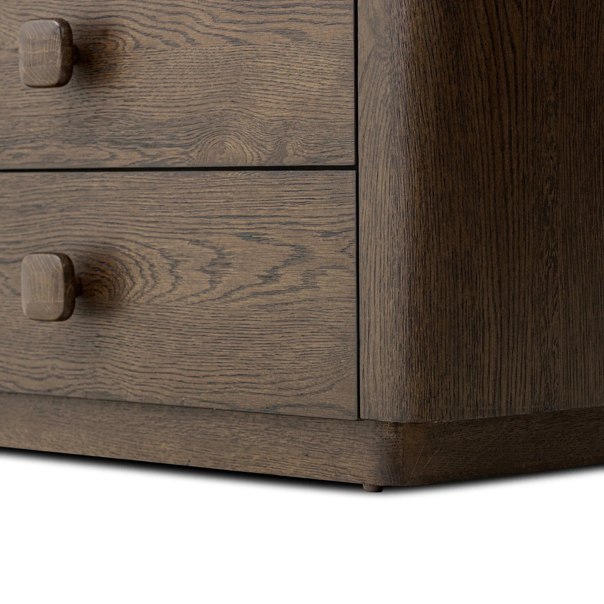 Valen Nightstand by Four Hands in rustic brown oak veneer, rustic brown oak solid. Made from oak veneer, solid oak in a traditional style.