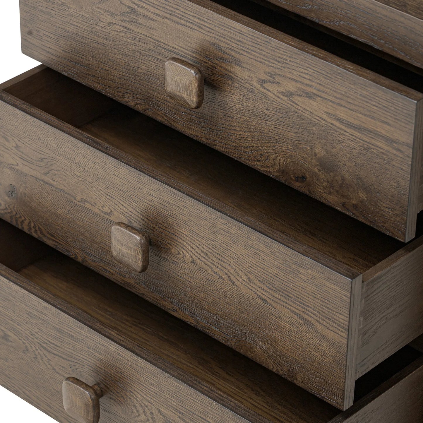 012 SI-2513338 | Closeup | Valen Nightstand by Four Hands in rustic brown oak veneer, rustic brown oak solid. Made from oak veneer, solid oak in a traditional style.