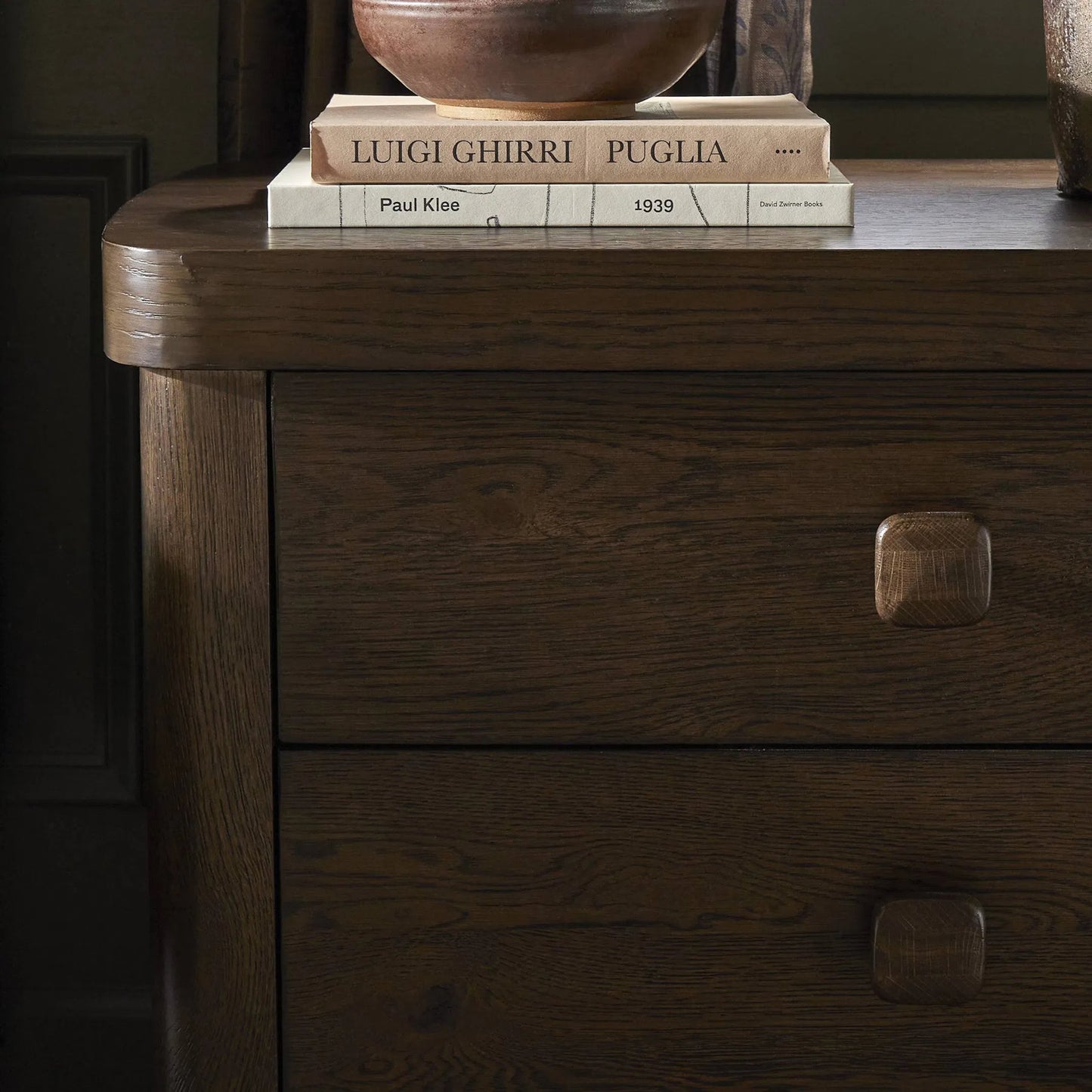 013 SI-2513338 | Closeup | Valen Nightstand by Four Hands in rustic brown oak veneer, rustic brown oak solid. Made from oak veneer, solid oak in a traditional style.