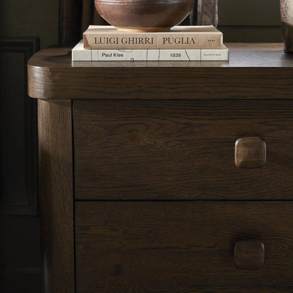Valen Nightstand by Four Hands in rustic brown oak veneer, rustic brown oak solid. Made from oak veneer, solid oak in a traditional style.