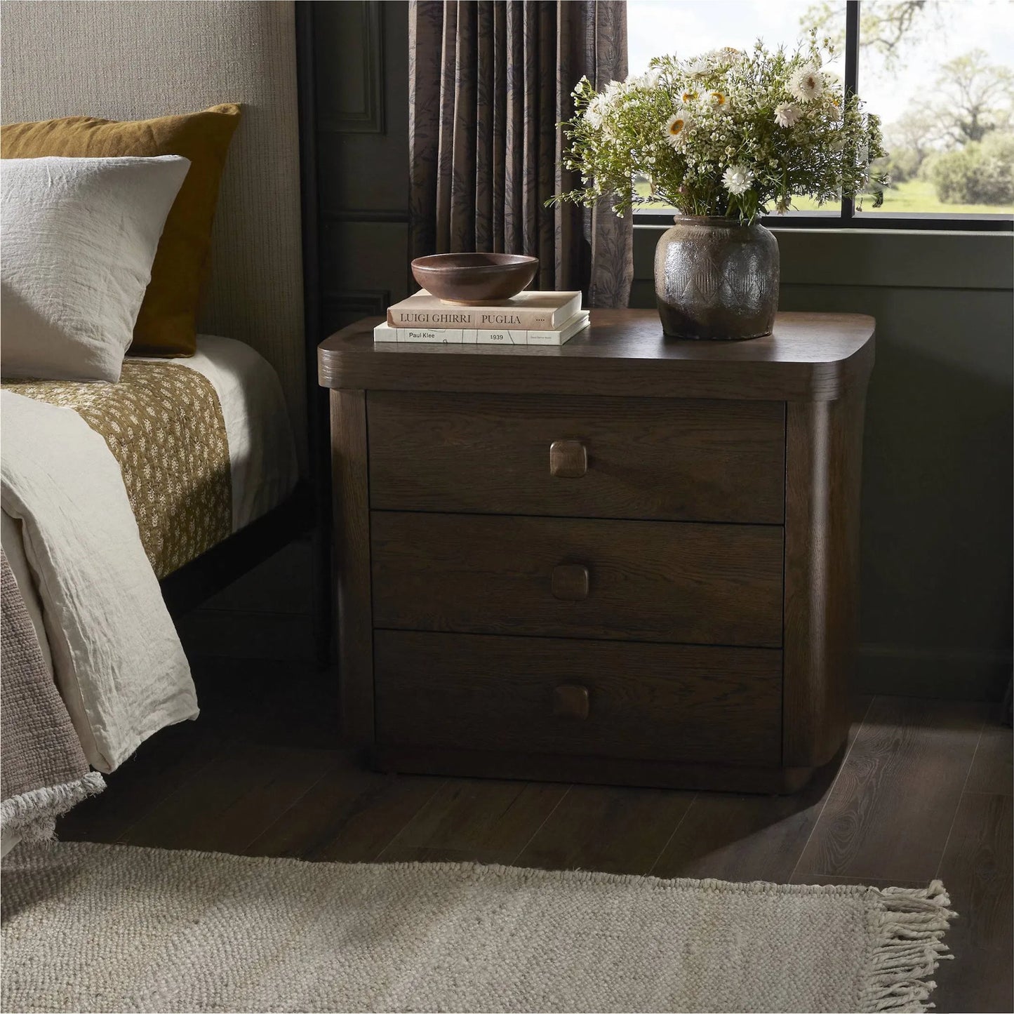 014 SI-2513338 | Lifestyle | Valen Nightstand by Four Hands in rustic brown oak veneer, rustic brown oak solid. Made from oak veneer, solid oak in a traditional style.