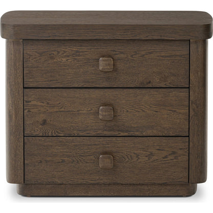 Valen Nightstand by Four Hands in rustic brown oak veneer, rustic brown oak solid. Made from oak veneer, solid oak in a traditional style.