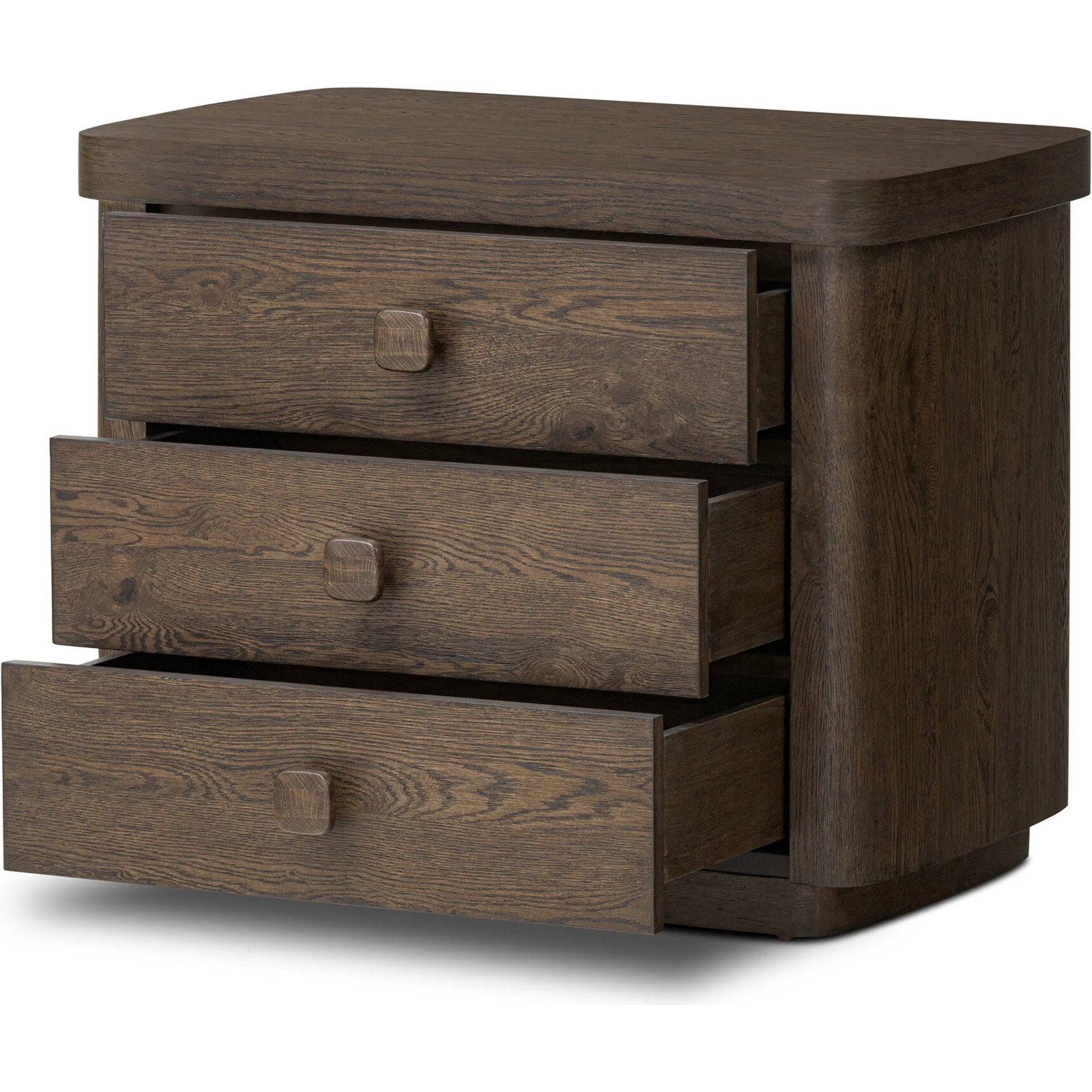 Valen Nightstand by Four Hands in rustic brown oak veneer, rustic brown oak solid. Made from oak veneer, solid oak in a traditional style.