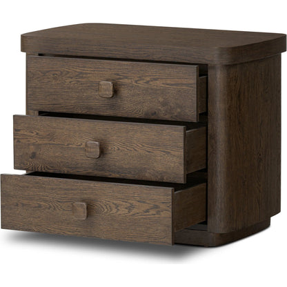 Valen Nightstand by Four Hands in rustic brown oak veneer, rustic brown oak solid. Made from oak veneer, solid oak in a traditional style.