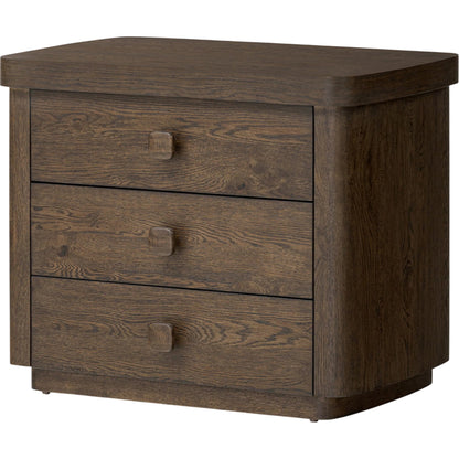 Valen Nightstand by Four Hands in rustic brown oak veneer, rustic brown oak solid. Made from oak veneer, solid oak in a traditional style.