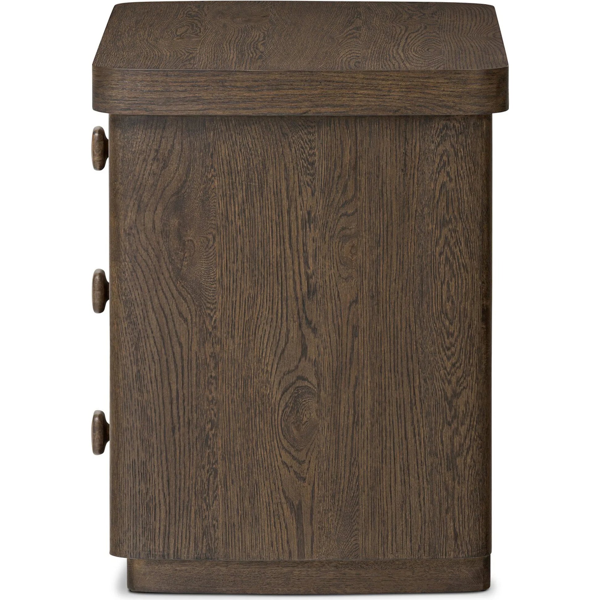 Valen Nightstand by Four Hands in rustic brown oak veneer, rustic brown oak solid. Made from oak veneer, solid oak in a traditional style.