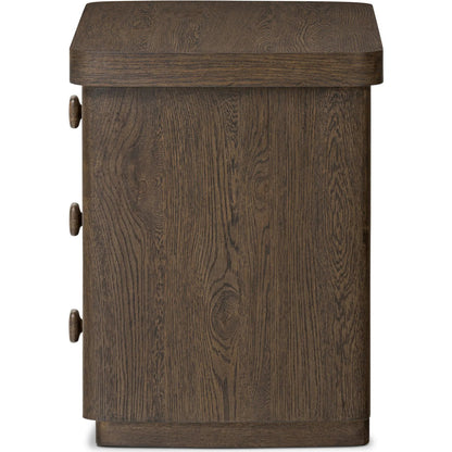 Valen Nightstand by Four Hands in rustic brown oak veneer, rustic brown oak solid. Made from oak veneer, solid oak in a traditional style.
