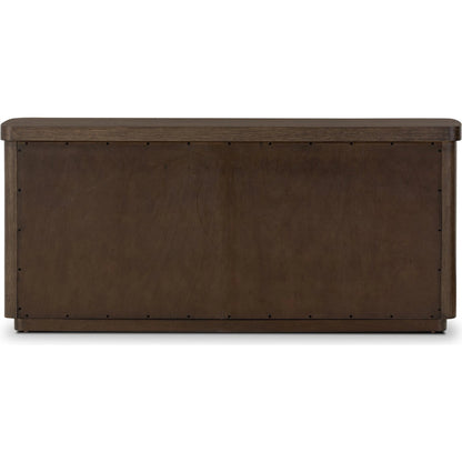 Valen 6 Drawer Dresser by Four Hands in rustic brown oak veneer, rustic brown oak solid. Made from oak veneer, solid oak in a traditional style.