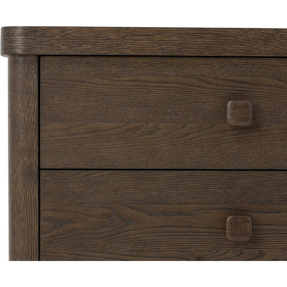 Valen 6 Drawer Dresser by Four Hands in rustic brown oak veneer, rustic brown oak solid. Made from oak veneer, solid oak in a traditional style.