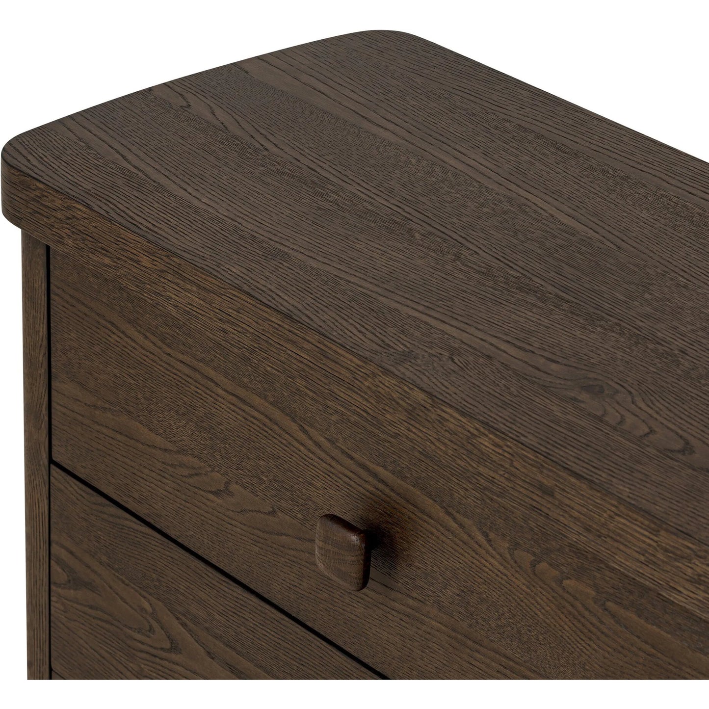009 SI-2513337 | Closeup | Valen 6 Drawer Dresser by Four Hands in rustic brown oak veneer, rustic brown oak solid. Made from oak veneer, solid oak in a traditional style.
