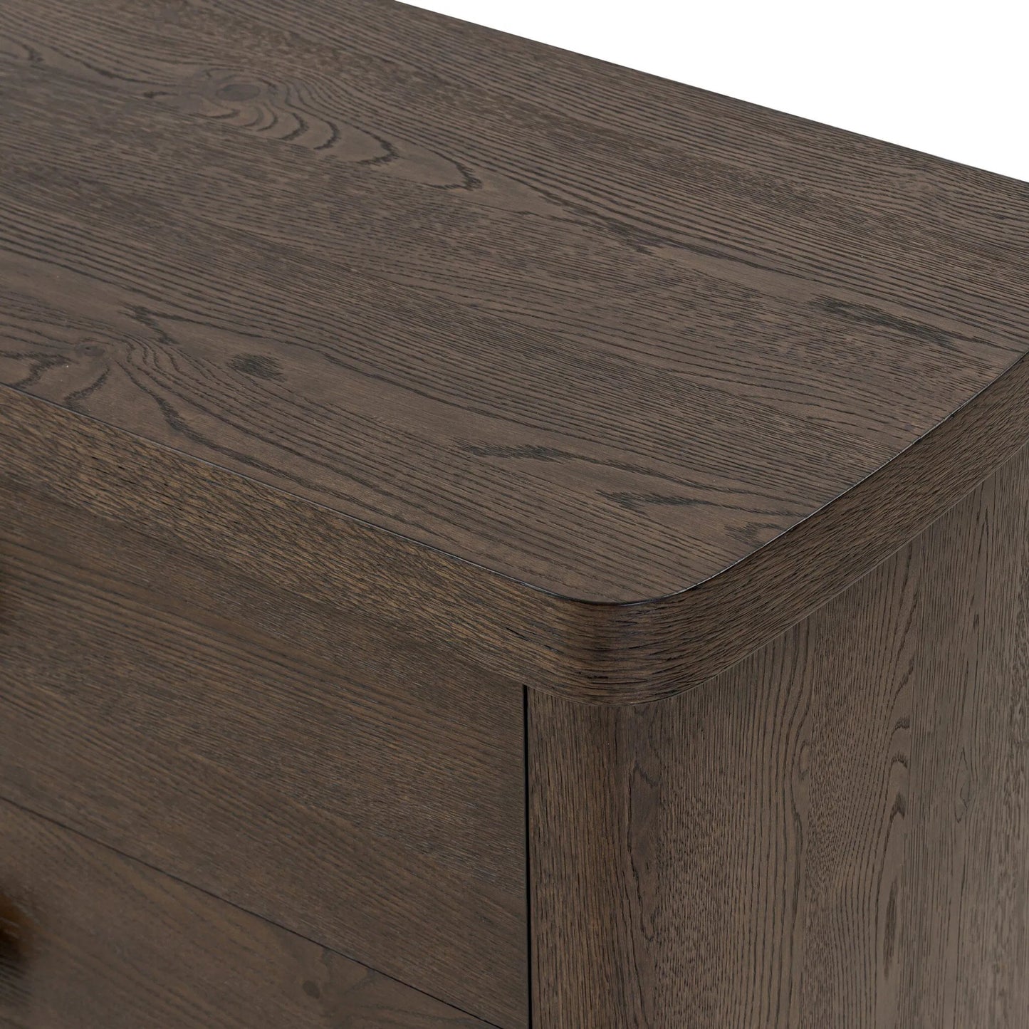 010 SI-2513337 | Closeup | Valen 6 Drawer Dresser by Four Hands in rustic brown oak veneer, rustic brown oak solid. Made from oak veneer, solid oak in a traditional style.