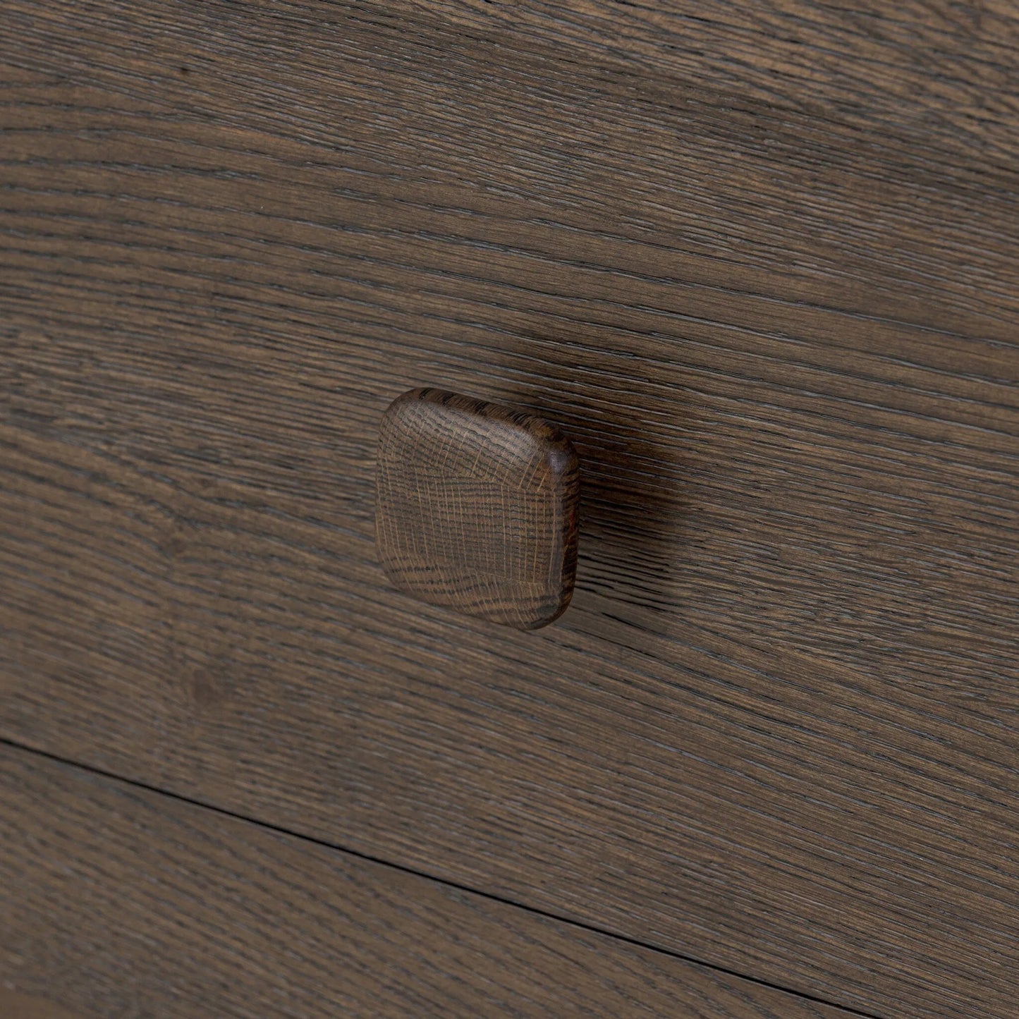 011 SI-2513337 | Closeup | Valen 6 Drawer Dresser by Four Hands in rustic brown oak veneer, rustic brown oak solid. Made from oak veneer, solid oak in a traditional style.