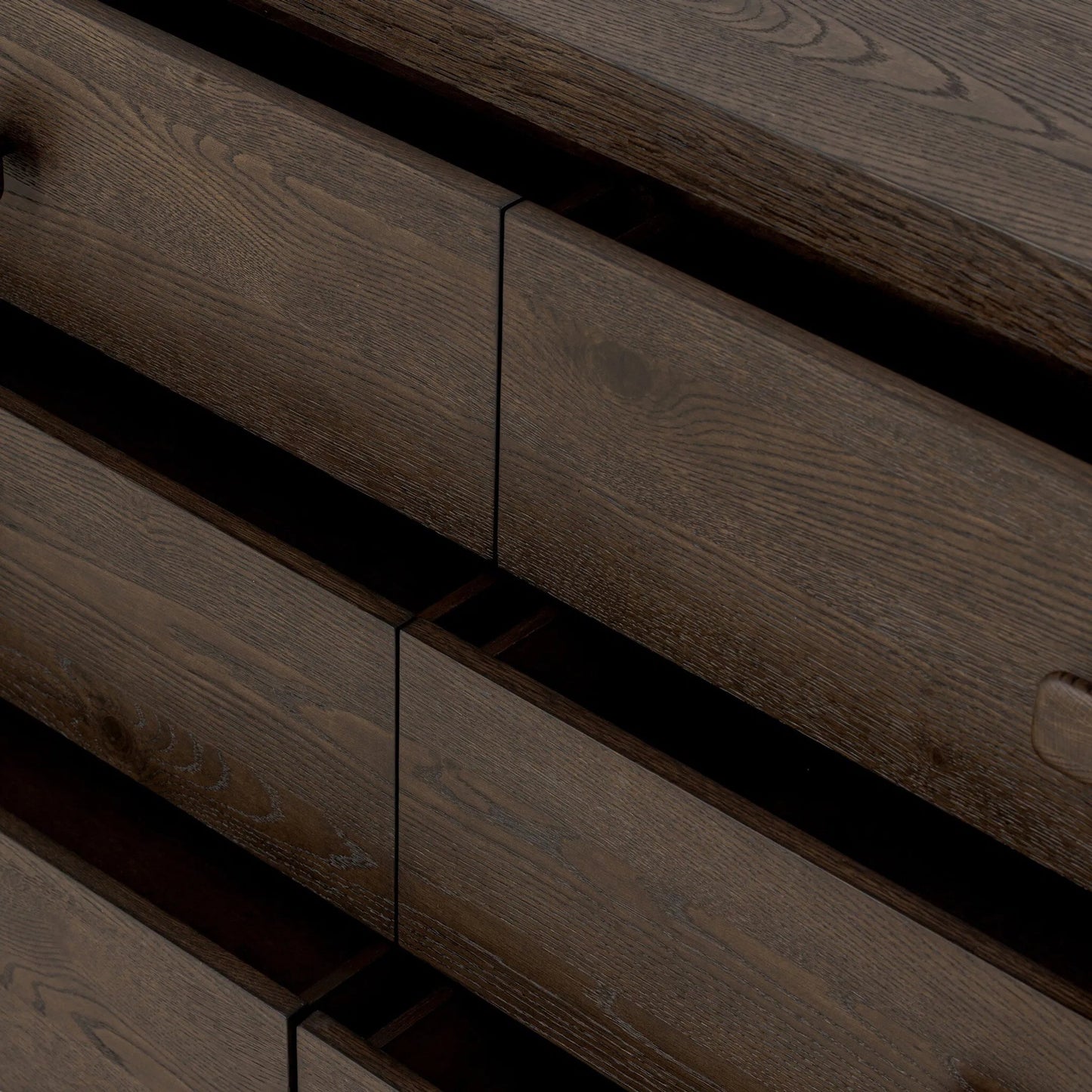 013 SI-2513337 | Closeup | Valen 6 Drawer Dresser by Four Hands in rustic brown oak veneer, rustic brown oak solid. Made from oak veneer, solid oak in a traditional style.