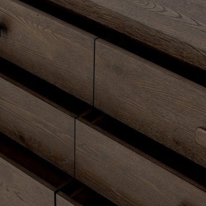 Valen 6 Drawer Dresser by Four Hands in rustic brown oak veneer, rustic brown oak solid. Made from oak veneer, solid oak in a traditional style.