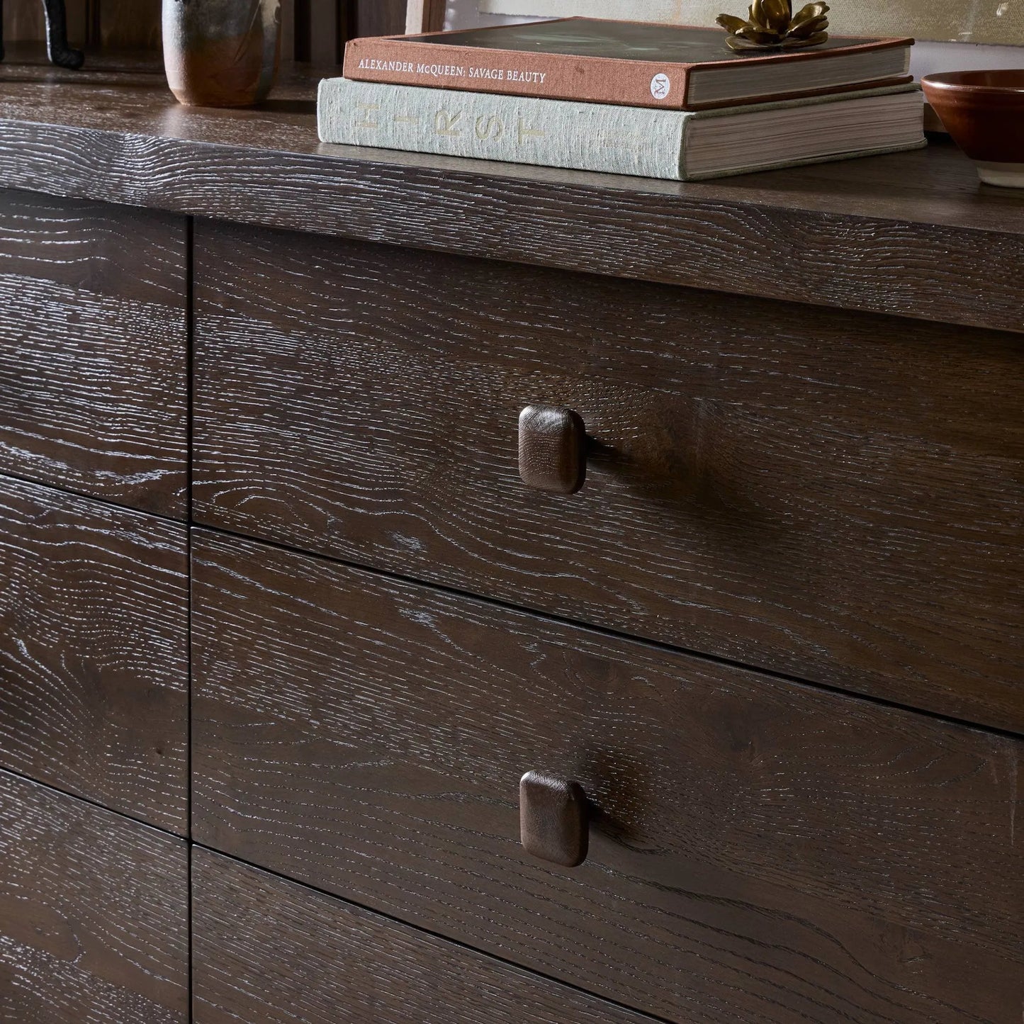 014 SI-2513337 | Closeup | Valen 6 Drawer Dresser by Four Hands in rustic brown oak veneer, rustic brown oak solid. Made from oak veneer, solid oak in a traditional style.