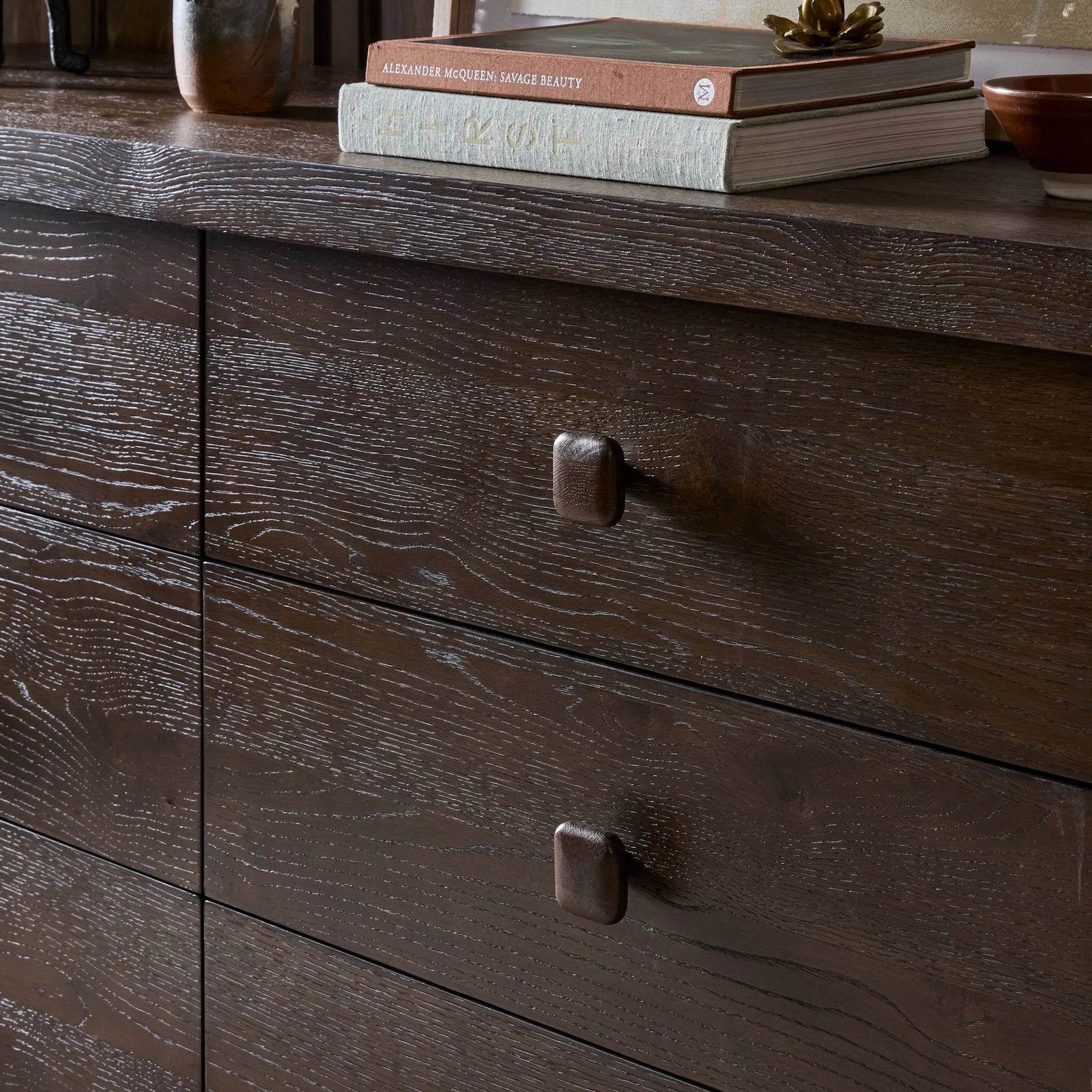 Valen 6 Drawer Dresser by Four Hands in rustic brown oak veneer, rustic brown oak solid. Made from oak veneer, solid oak in a traditional style.