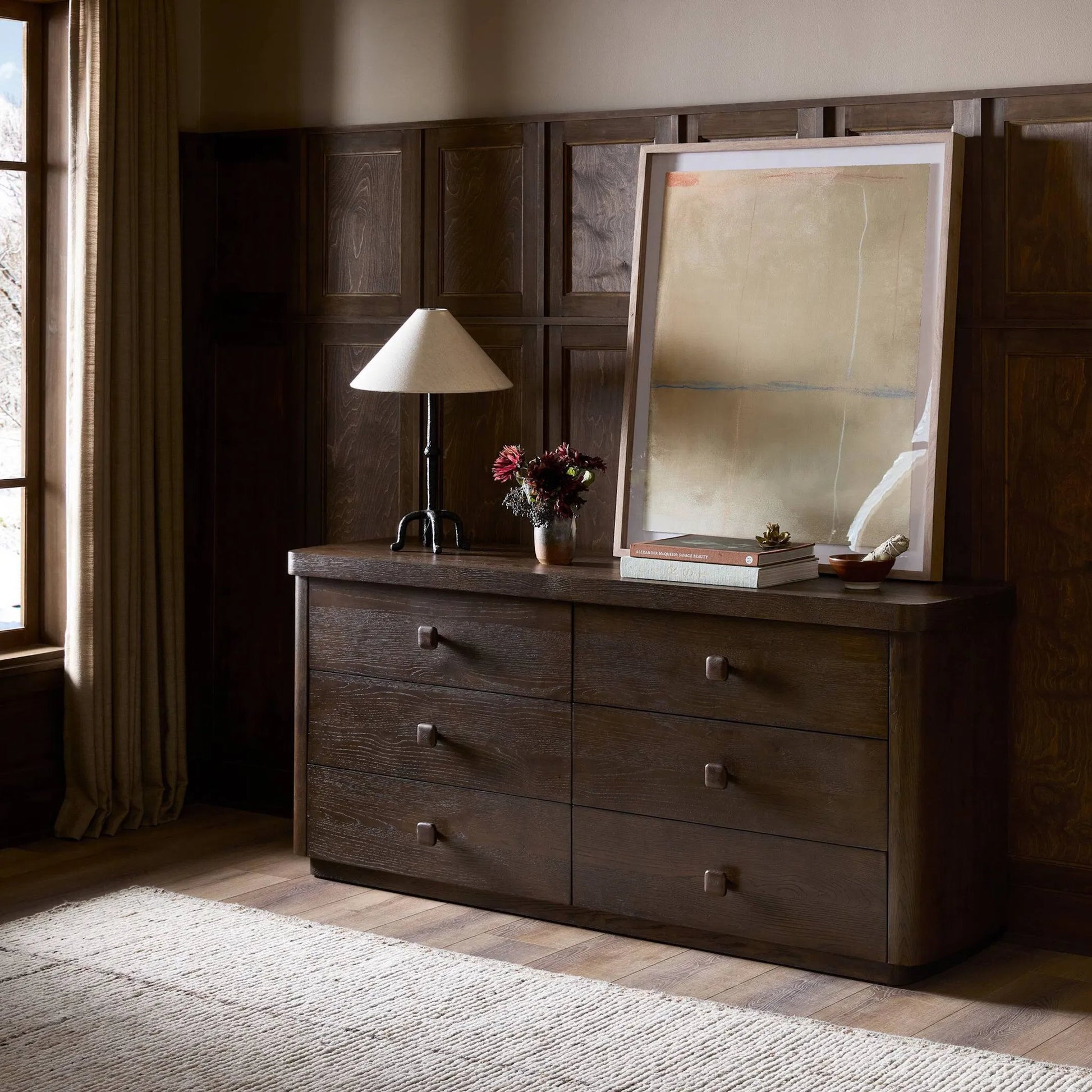 Valen 6 Drawer Dresser by Four Hands in rustic brown oak veneer, rustic brown oak solid. Made from oak veneer, solid oak in a traditional style.