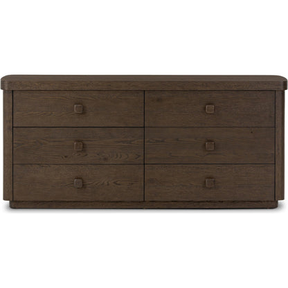Valen 6 Drawer Dresser by Four Hands in rustic brown oak veneer, rustic brown oak solid. Made from oak veneer, solid oak in a traditional style.