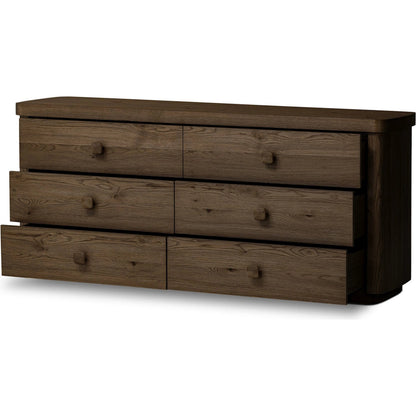 Valen 6 Drawer Dresser by Four Hands in rustic brown oak veneer, rustic brown oak solid. Made from oak veneer, solid oak in a traditional style.