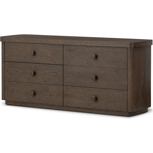 Valen 6 Drawer Dresser by Four Hands in rustic brown oak veneer, rustic brown oak solid. Made from oak veneer, solid oak in a unique style.