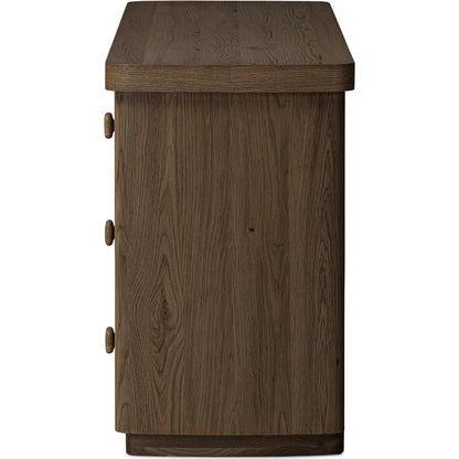 Valen 6 Drawer Dresser by Four Hands in rustic brown oak veneer, rustic brown oak solid. Made from oak veneer, solid oak in a traditional style.