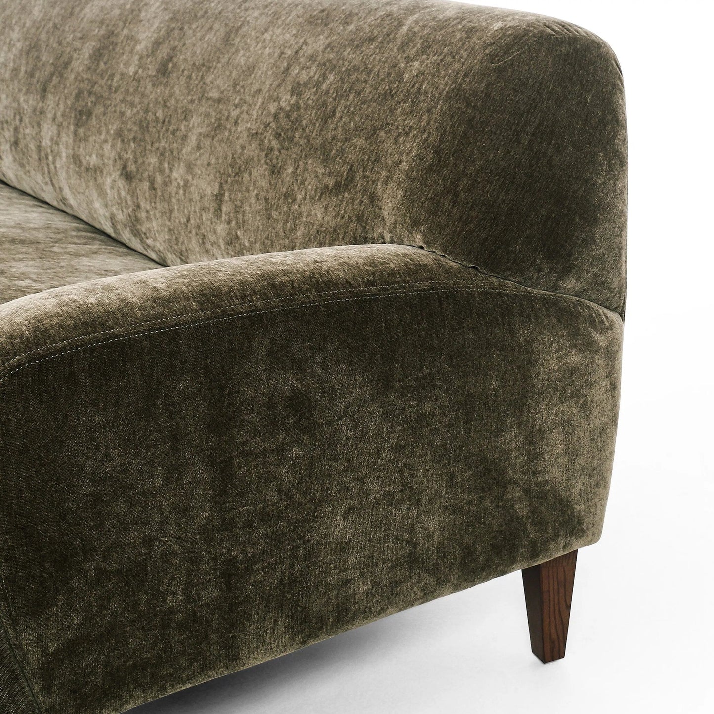 005 SI-2449394 | Closeup | Kent Sofa by Four Hands in malmo olive, brushed brass, terra brown ash. Made from 50% recycled polyester, 50% polyester, iron, solid ash in a unique style.