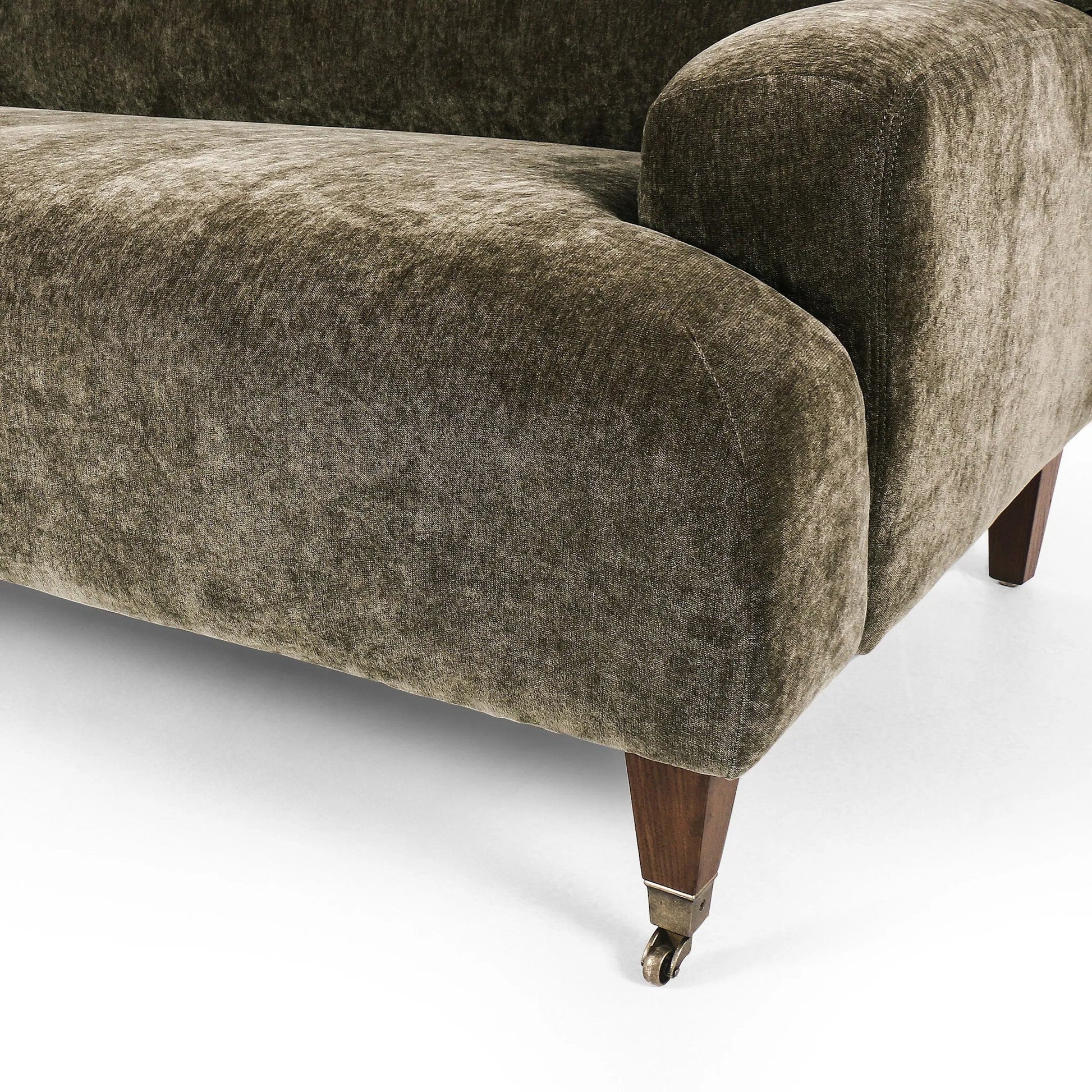 Kent Sofa by Four Hands in malmo olive, brushed brass, terra brown ash. Made from 50% recycled polyester, 50% polyester, iron, solid ash in a unique style.