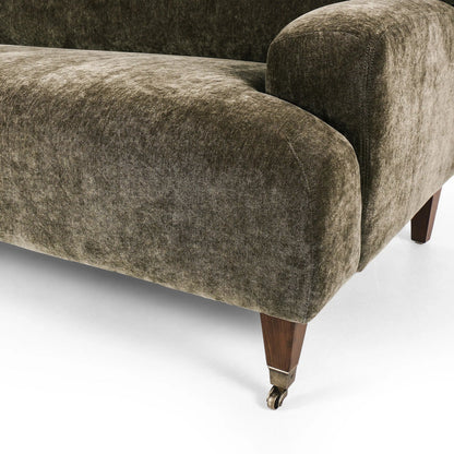 Kent Sofa by Four Hands in malmo olive, brushed brass, terra brown ash. Made from 50% recycled polyester, 50% polyester, iron, solid ash in a unique style.