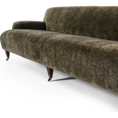 Kent Sofa by Four Hands in malmo olive, brushed brass, terra brown ash. Made from 50% recycled polyester, 50% polyester, iron, solid ash in a unique style.