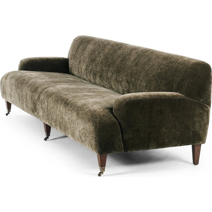 Kent Sofa by Four Hands in malmo olive, brushed brass, terra brown ash. Made from 50% recycled polyester, 50% polyester, iron, solid ash in a unique style.