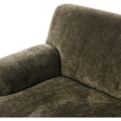 Kent Sofa by Four Hands in malmo olive, brushed brass, terra brown ash. Made from 50% recycled polyester, 50% polyester, iron, solid ash in a unique style.