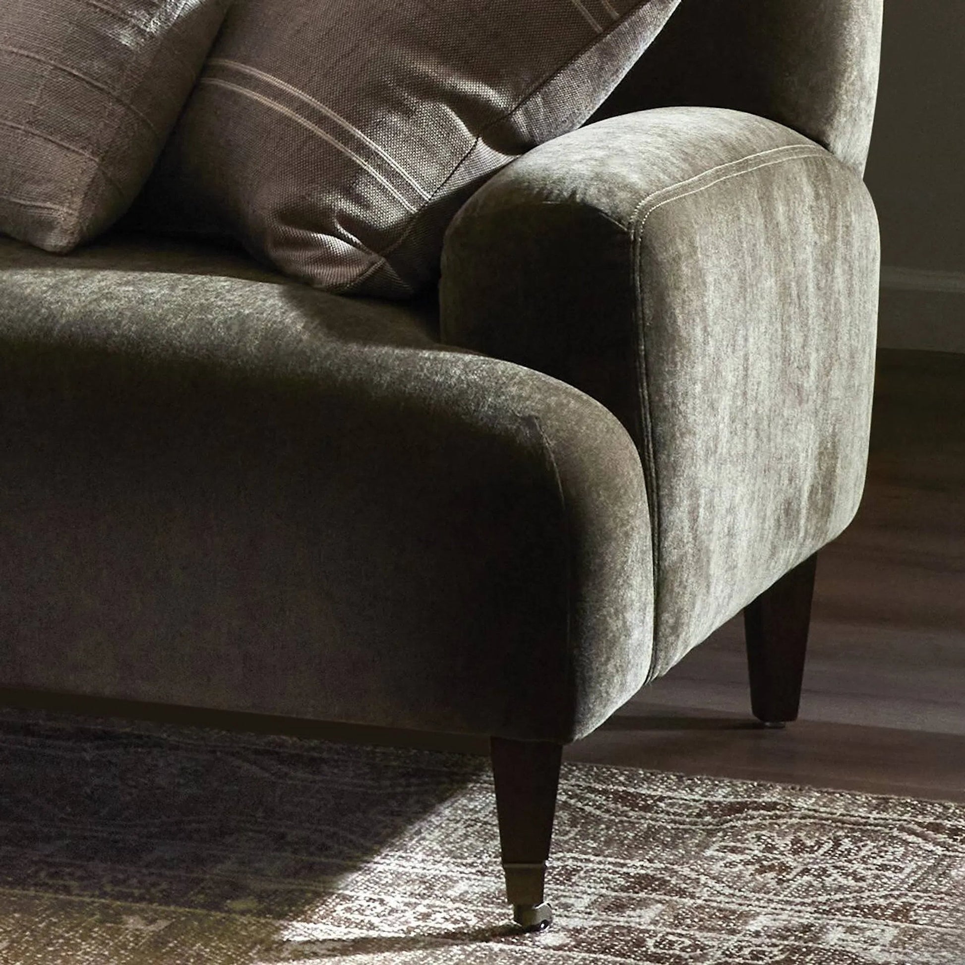 Kent Sofa by Four Hands in malmo olive, brushed brass, terra brown ash. Made from 50% recycled polyester, 50% polyester, iron, solid ash in a unique style.