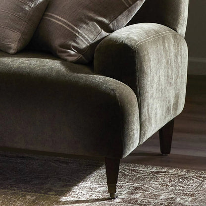 Kent Sofa by Four Hands in malmo olive, brushed brass, terra brown ash. Made from 50% recycled polyester, 50% polyester, iron, solid ash in a unique style.