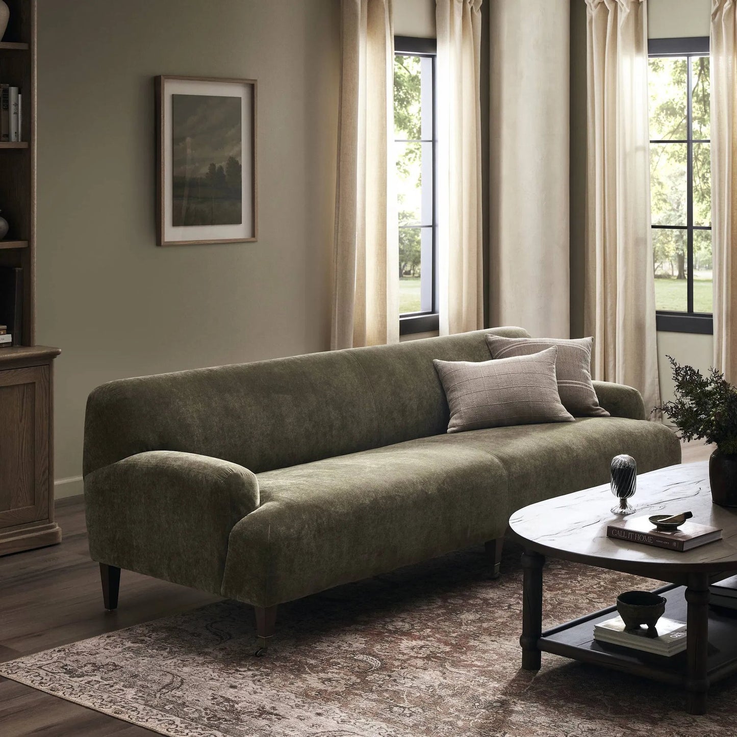 011 SI-2449394 | Lifestyle | Kent Sofa by Four Hands in malmo olive, brushed brass, terra brown ash. Made from 50% recycled polyester, 50% polyester, iron, solid ash in a unique style.