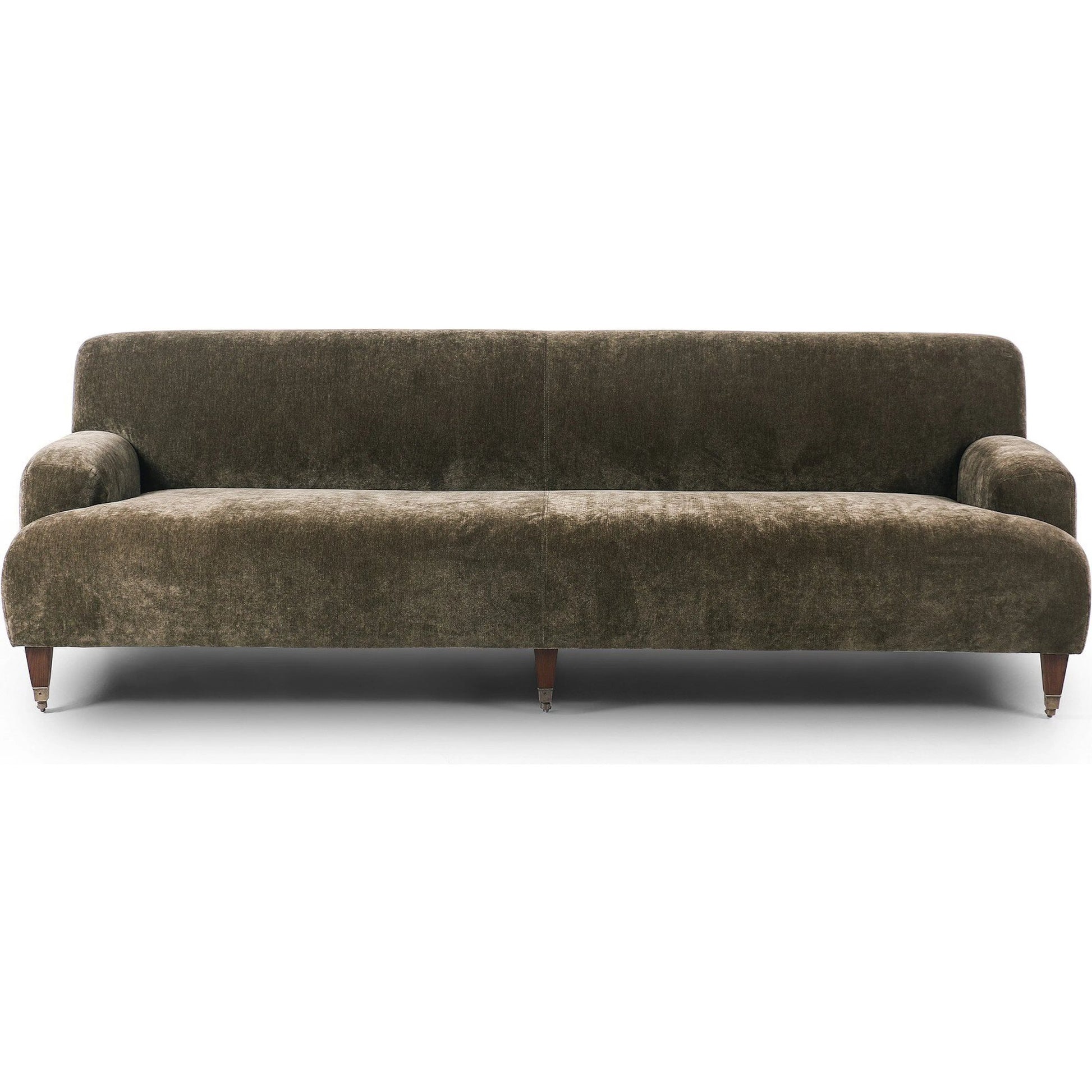 Kent Sofa by Four Hands in malmo olive, brushed brass, terra brown ash. Made from 50% recycled polyester, 50% polyester, iron, solid ash in a unique style.