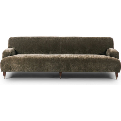 Kent Sofa by Four Hands in malmo olive, brushed brass, terra brown ash. Made from 50% recycled polyester, 50% polyester, iron, solid ash in a unique style.