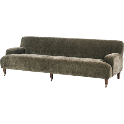 Kent Sofa by Four Hands in malmo olive, brushed brass, terra brown ash. Made from 50% recycled polyester, 50% polyester, iron, solid ash in a unique style.
