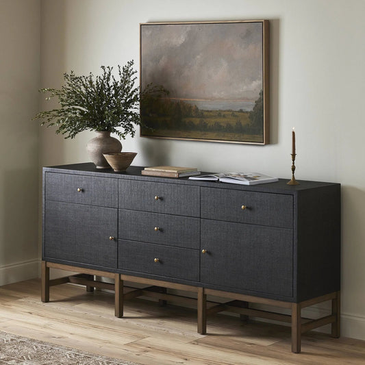 Fiona Sideboard by Four Hands in russet mahogany, black mahogany veneer, light antique brass. Made from solid mahogany, mahogany veneer, steel in a transitional style.