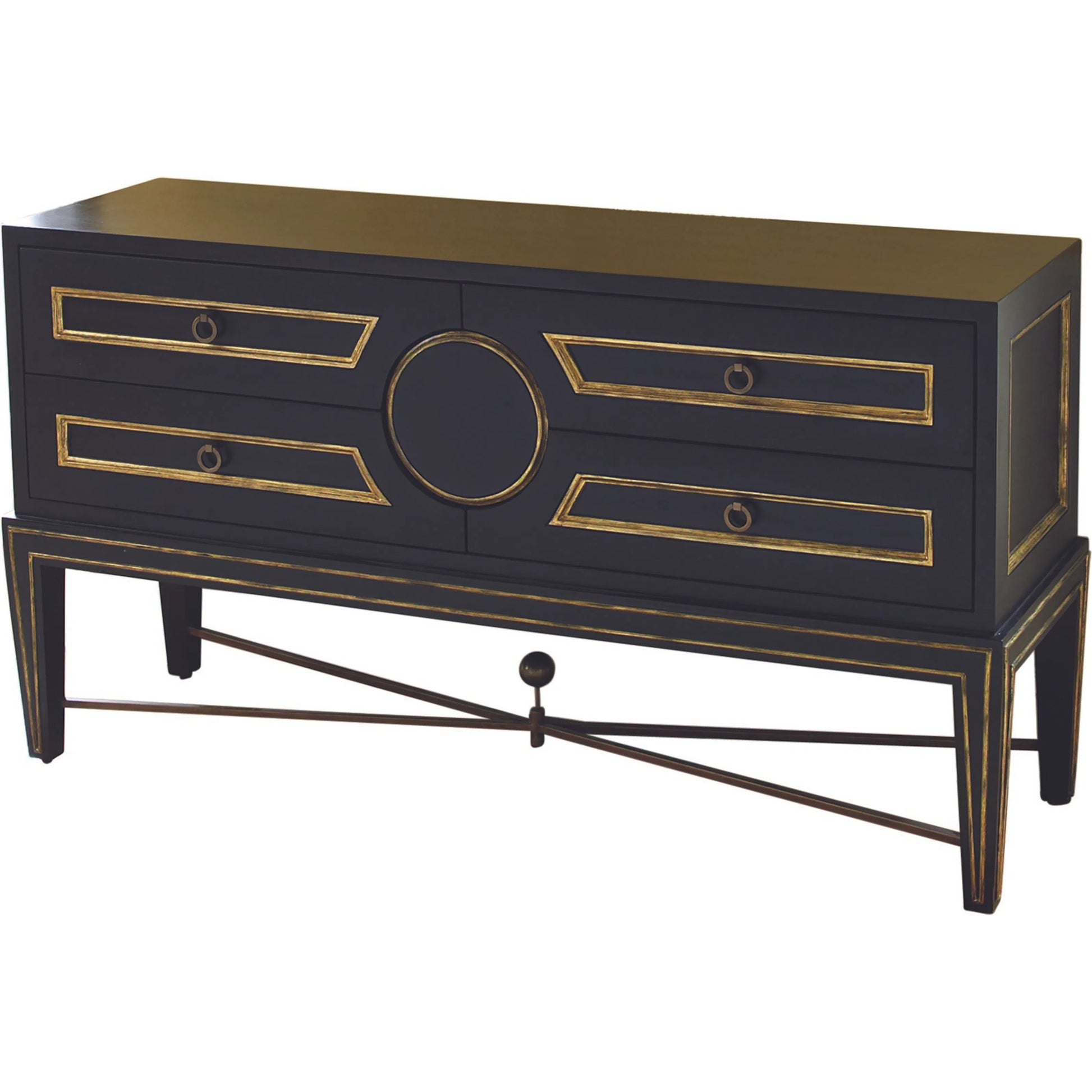 Collector's Console by Global Views in brass. Made from poplar with oak veneer, mdf with oak veneer in a transitional style.