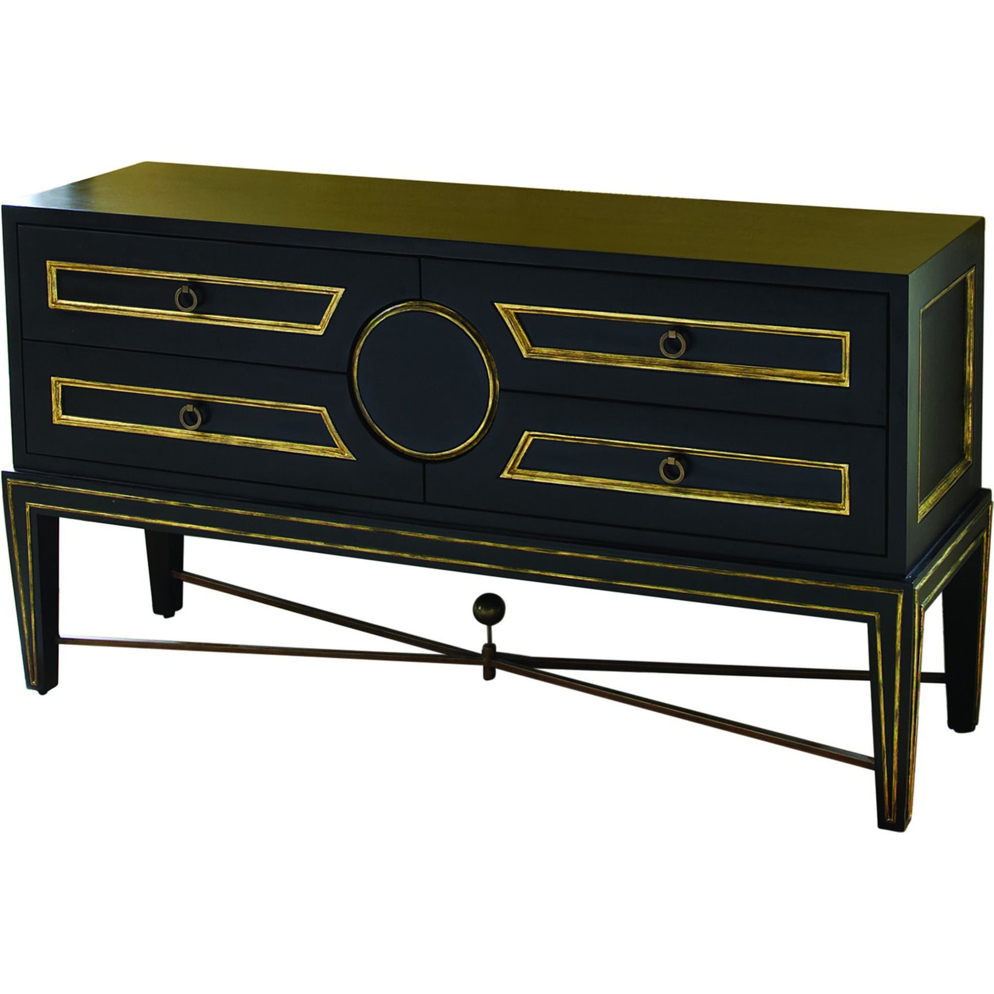 Collector's Console by Global Views in brass. Made from poplar with oak veneer, mdf with oak veneer in a transitional style.