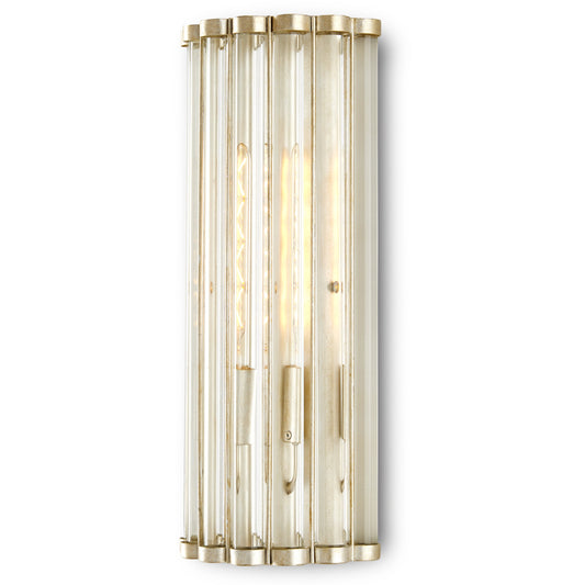 Warwick Tall Wall Sconce by Currey and Company in contemporary silver leaf, clear. Made from wrought iron, optic crystal in a modern style.