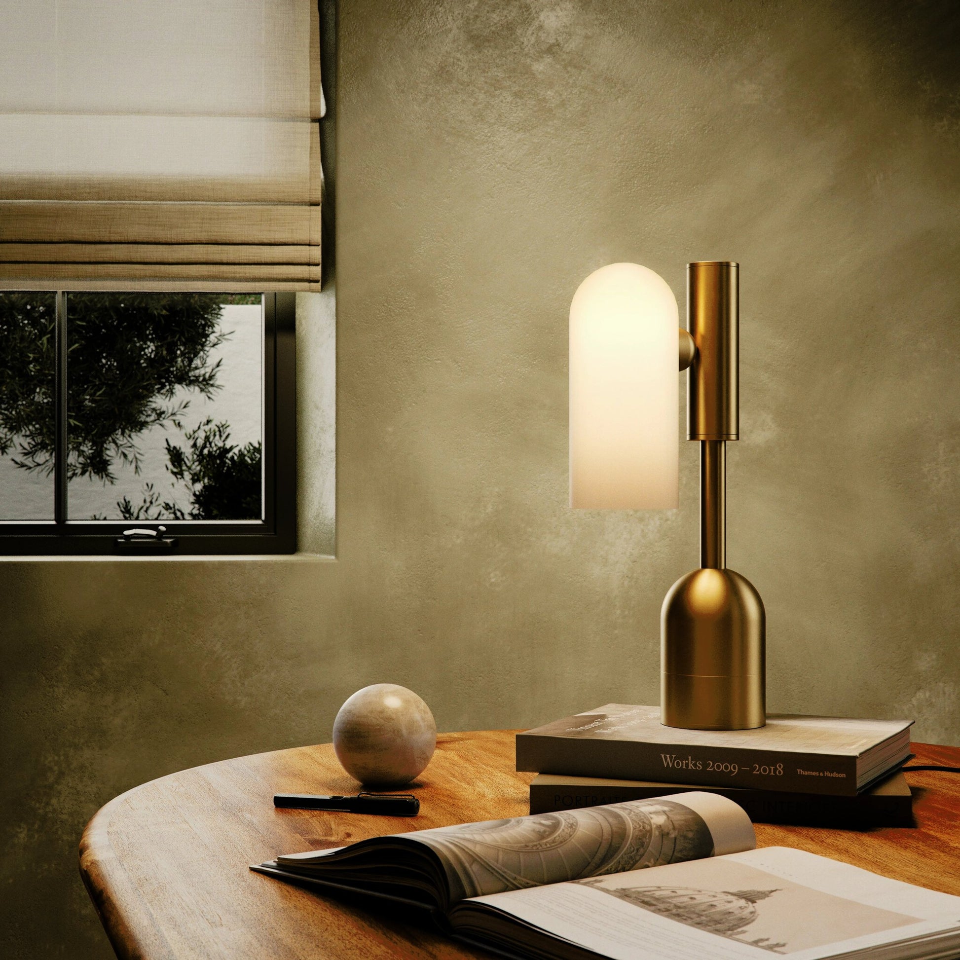 Odyssey Table Lamp by Four Hands. Made from brass, glass in a modern style.