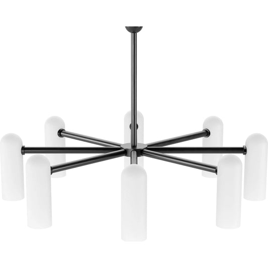 Odyssey Round Md Chandelier by Four Hands in black gunmetal, opal matte glass and black gunmetal. Made from brass, glass in a modern style.