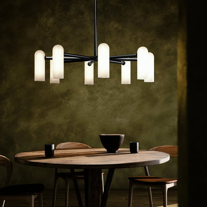 Odyssey Round Md Chandelier by Four Hands in black gunmetal, opal matte glass and black gunmetal. Made from brass, glass in a modern style.