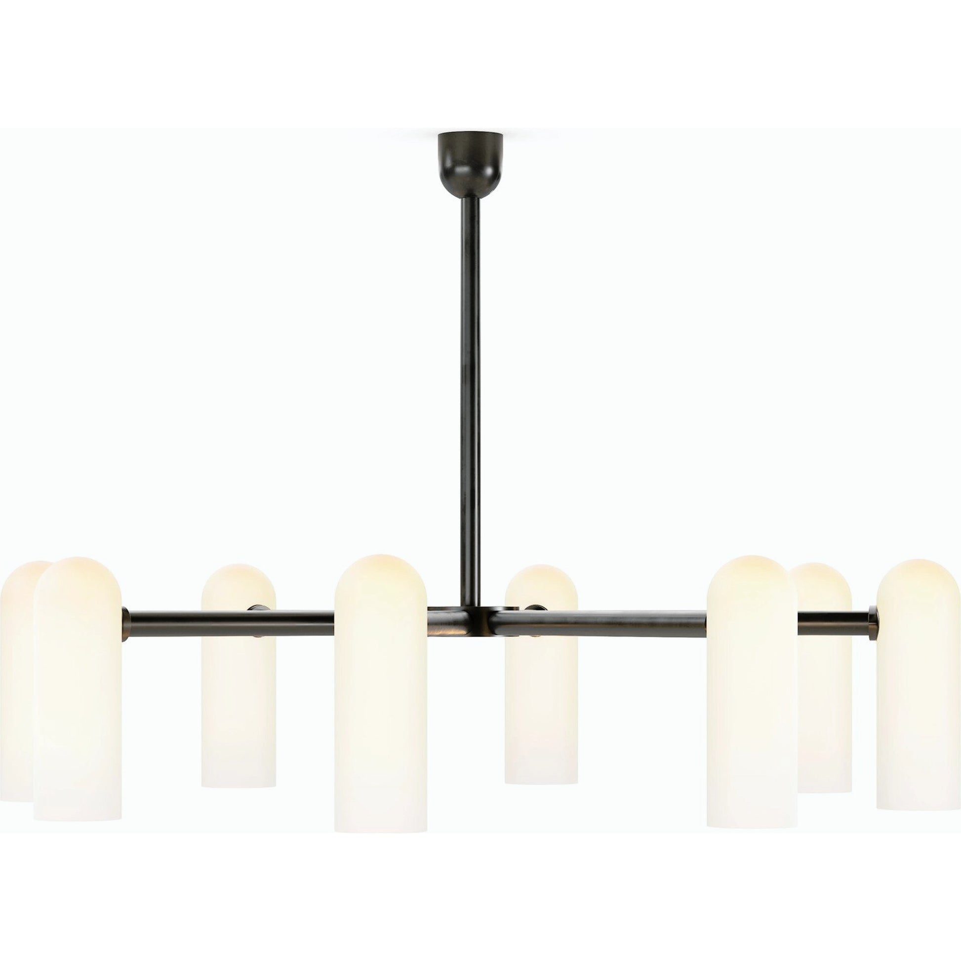 Odyssey Round Md Chandelier by Four Hands in black gunmetal, opal matte glass and black gunmetal. Made from brass, glass in a modern style.