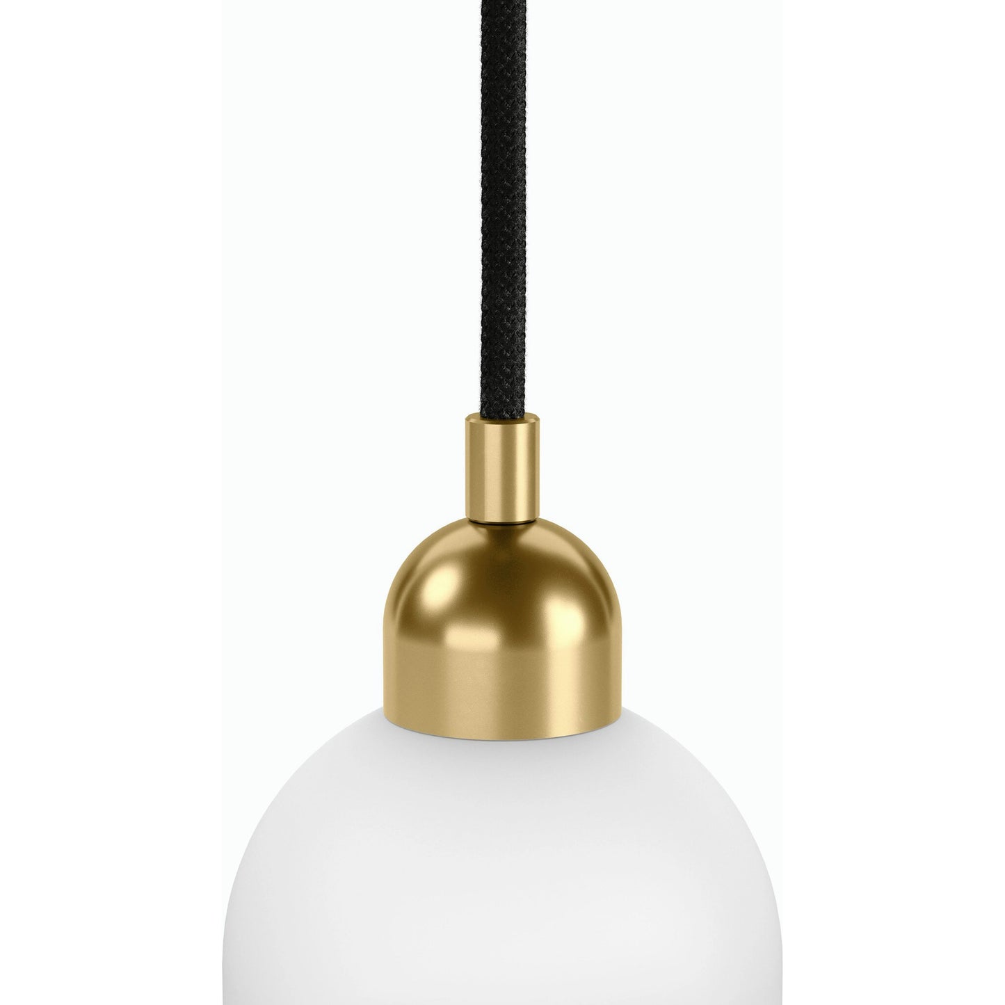 009 SI-2158357 | Closeup | Odyssey Single Pendant by Four Hands in opal matte glass, black cord, burnished brass and opal matte glass. Made from glass, thermoplastic, brass in a modern style.