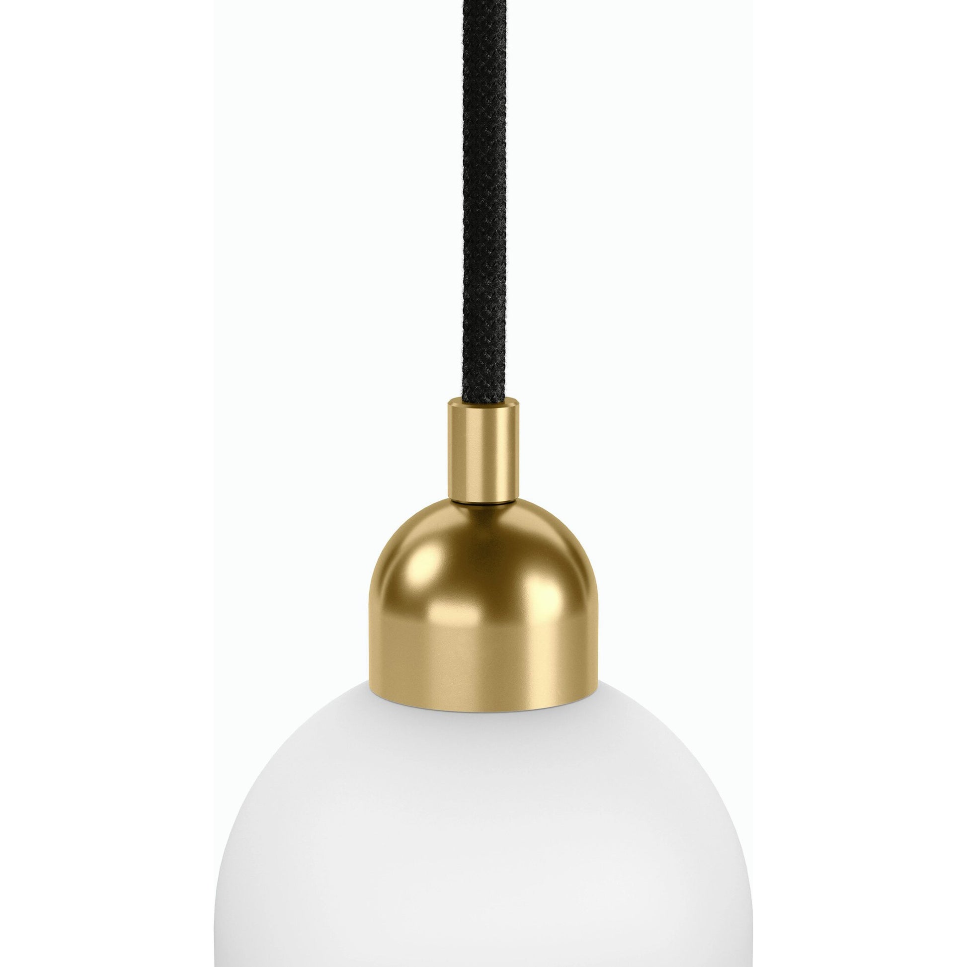Odyssey Single Pendant by Four Hands in opal matte glass, black cord, burnished brass and opal matte glass. Made from glass, thermoplastic, brass in a modern style.